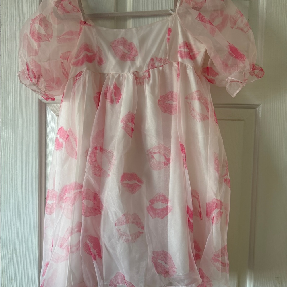 Pink Lip Print Sheer Dress